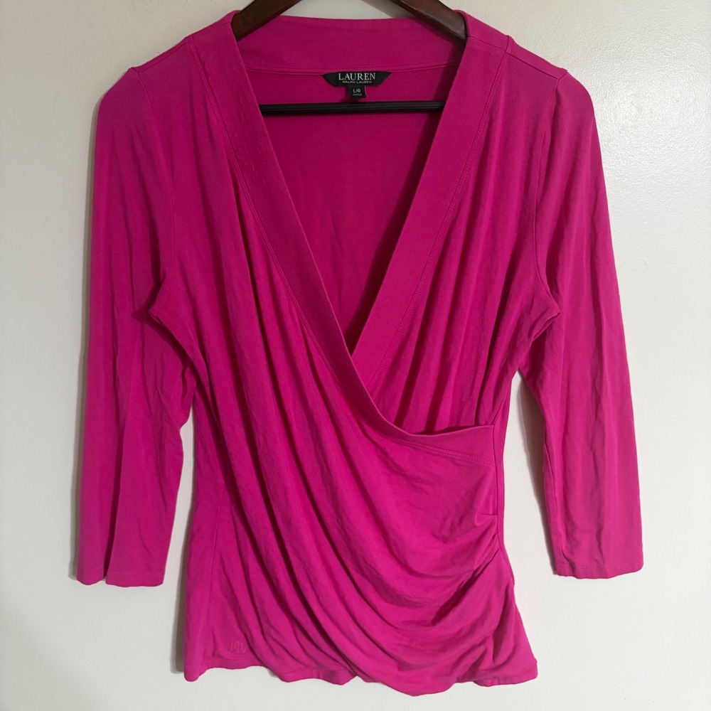 Lauren Ralph Lauren Pink Surplice Ruched V-Neck 3/4 Sleeve Top Large